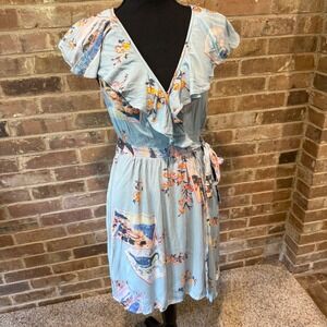 Maeve Anthropologie Dress Wrap Floral Bird Print Ruffle Hem Blue Size 4